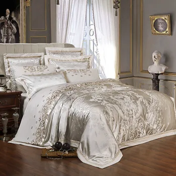 Podiel Zlaté Luxusné Saténové Žakárové posteľná bielizeň sady Výšivky posteľ nastaviť dvojité kráľovná king size perinu posteľ list nastaviť obliečka na vankúš