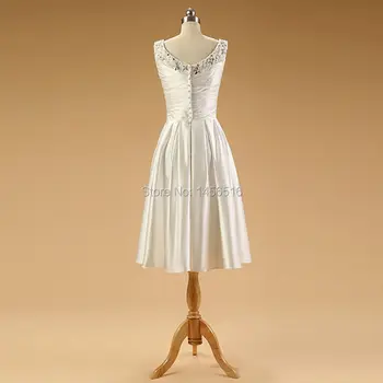 PRD426 Pôvodné priame Elegantný riadok Korálkové Satin Čaj dĺžka krátke svadobné šaty reálne vzorky svadobné šaty 2018