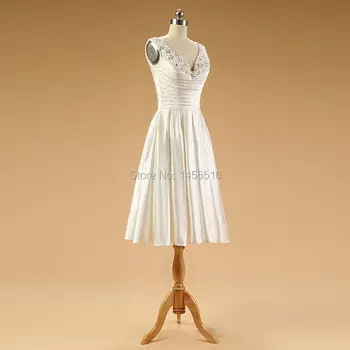 PRD426 Pôvodné priame Elegantný riadok Korálkové Satin Čaj dĺžka krátke svadobné šaty reálne vzorky svadobné šaty 2018