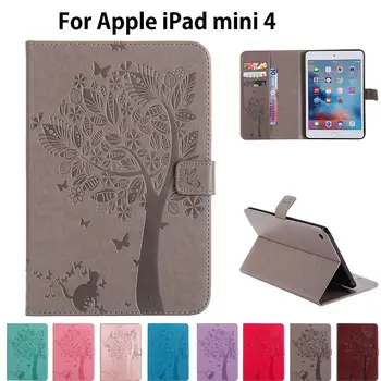 Pre Apple iPad mini4 Prípade Vysoko kvalitnej PU Kože Flip Stojan Mačka, Strom Vzor Prípadoch, Pre iPad mini 4 Pokrytie Funda Pokožky Shell