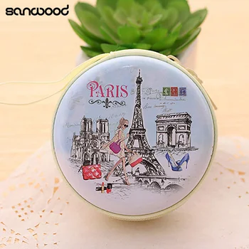 Prenosné Krásne Okrúhle Peňaženky Cartoon Eiffelova Veža Slúchadlá Kľúča Držiteľa Prípade Taška