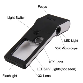 Prenosné Vreckové zväčšovacie sklo 3X 10X zväčšovacie sklo 55X Loupe Mikroskopom Lupy So 6 LED Lampa UV Svetlo Sledovať Repair Tool
