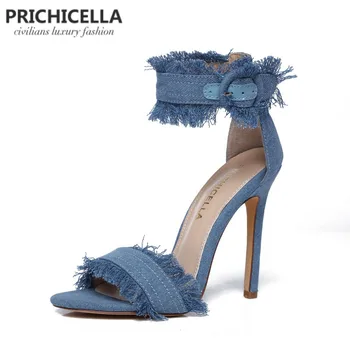 PRICHICELLA blue denim členok popruh vysokým podpätkom sandále pravej kože v lete stiletto podpätky