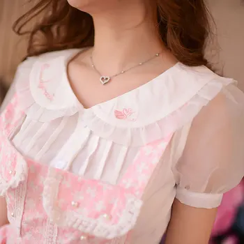 Princezná sladké lolita tričko Candy dážď Japonský štýl Lete Sladké peter pan golier výšivky šifón tričko C15AB5751