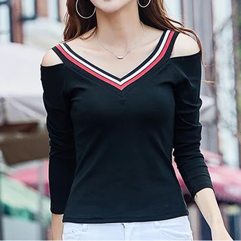 Pruhované tričko ženy topy s dlhým rukávom t-shirt ženy, t košele tee tričko femme camisetas mujer 2017 módne Ramena Top