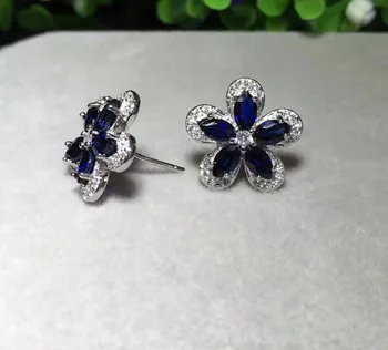 Prírodné blue sapphire stud náušnice 925 silver prírodný drahokam náušnice ženy móda Kvety jemné strany darček Náušnice šperky