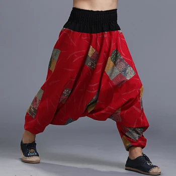 Pánske Bavlnené Červené Veľké Rozkroku Crago Nohavice Hippie Boho Aladdin Hárem Širokú nohu Ninja nohavice Nohavice Bežné Nepál Mens Indiánske Nohavice