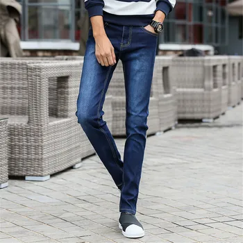 Pánske Slim Fit Jeans Bežné Rovný Úsek Bavlnené Nohavice Polovice Pás Chudá Ceruzka Modré Džínsy pre Mužov 8012 Veľkosť 27-36