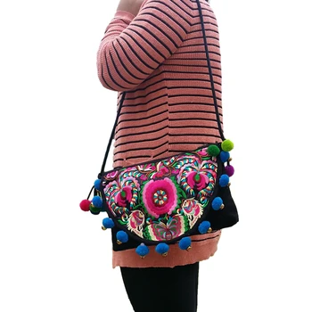 Pôvodné vyšívané ženy kabelka Naxi.Hani značky plátno ručne pompoms ramenní taška vintage cestovné tašky crossbody