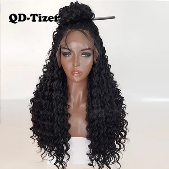 QD-Tizer 180% Kučeravé Parochňu Glueless Dlho Syntetické Parochne Čipky Vpredu Parochne Curl Black Baby Vlasy Tepelne Odolných Vlákien Vlasy Parochňa
