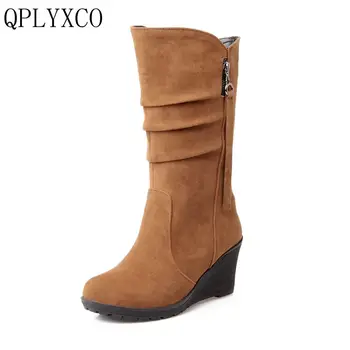 QPLYXCO 2017 nové predaj veľký, malý, Veľkosť 28-52 Polovici Teľa Topánky Zimné Krátke Teplé Oblečenie, Topánky Ženy kliny vysoké Podpätky 188-2