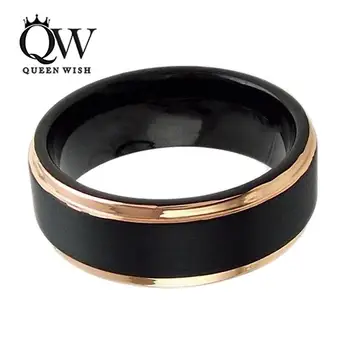 QUEENWISH Volfrámu snubný Prsteň 8 mm pre Mužov, Ženy, Black & Rose Gold Vystúpil Okraji Leštené Zapojenie Pásma