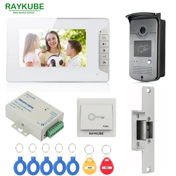 RAYKUBE Káblové Video Dvere, Telefón, Intercom Systém So 7 Palcový LCD Monitor RFID Reader & Kamera, Elektrické Štrajk Dverí Zamky