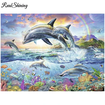 REALSHINING Podvodné Dolphin Diy 5D Námestie Plné Diamond Maľovanie Cross Stitch Domáce Dekorácie Diamond Mozaiky Výšivky FS391