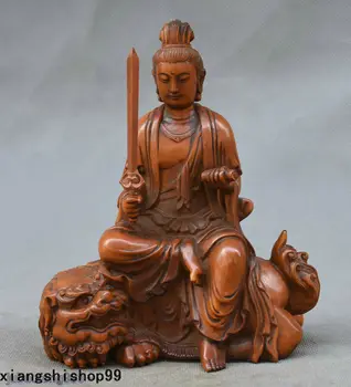 Remeslá socha Čínsky Krušpán Dreva Ručné Rezanie Wenshu Manjushri Bódhisattva Lev Socha