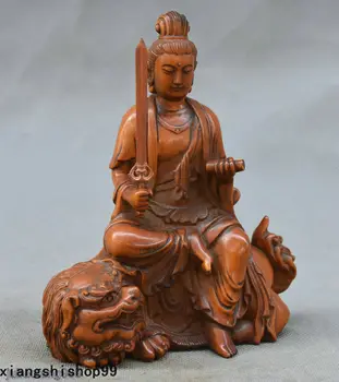 Remeslá socha Čínsky Krušpán Dreva Ručné Rezanie Wenshu Manjushri Bódhisattva Lev Socha