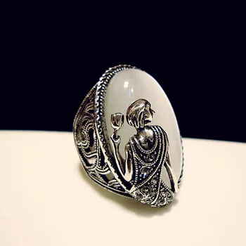 Retro Simulované Oválne, Biele Opálové Krúžok Antique Silver Farba Veľké mačacie oko Kameň gréckej bohyne krásy Vyhlásenie Krúžok Šperky