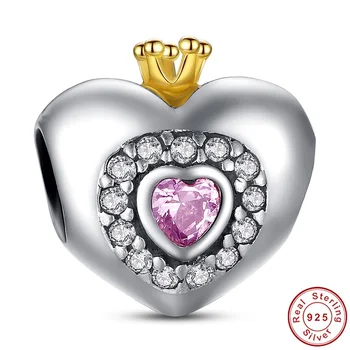 Reálne 925 Sterling Silver Princezná Srdce S Ružovými CZ Korálky Fit Pôvodné WST Kúzlo Náramok Prívesky DIY Šperky FBS005