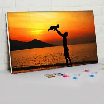 Rodina pláž, západ slnka milenca DIY digitálne maľovanie podľa čísel olej obrazy zarámované ručne maľované steny umelecké plátno domáce dekorácie