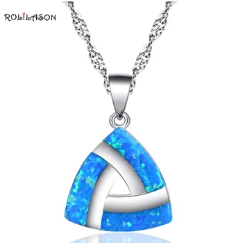 ROLILASON Zirkón trojuholník Blue Fire Opal Striebro Pečiatkou 925 Náhrdelník Prívesky pre ženy, Svadby, Módne šperky OP765