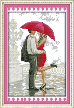 Romantické prechádzky v daždi milovníkov Maľovania Počíta Tlač na plátno DMC 14CT 11CT Cross Stitch Vyšívanie, Súpravy na vyšívanie Nastaviť