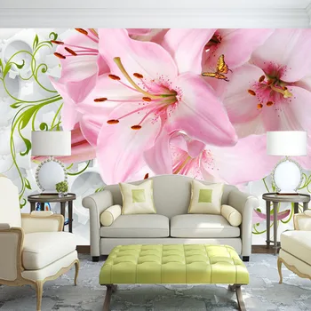 Romantické Ružové Ľalie Kvety Foto nástenná maľba Pre Spálne, Obývacia Izba Gauč TV Pozadí Steny Jednoduché Domova Prispôsobiť 3D Tapety