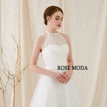 Rose Moda Backless Boho Svadobné Šaty s Sweep Vlak Okolo Pláže Svadobné Šaty s Kvetinou Krídla 2018