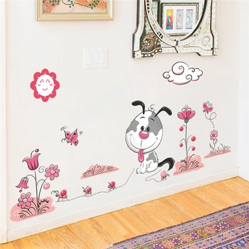 Roztomilé psov spoločenské šteňa kvet 30*90 cm stenu spálne domova cartoon zvierat samolepky na stenu pvc nástenné art diy plagát