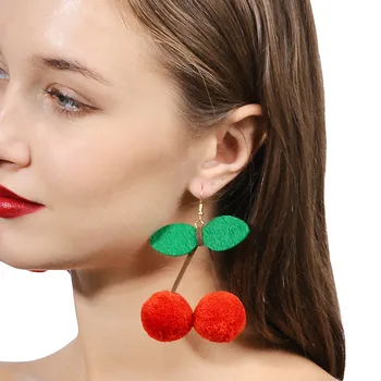 Roztomilý kórejský Štýl Velvet Ovocie Cherry Náušnice pre Ženy Umelú Kožušinu Guľa spadne Visieť Earing Ucho Šperky Dievčatá Darček XR981