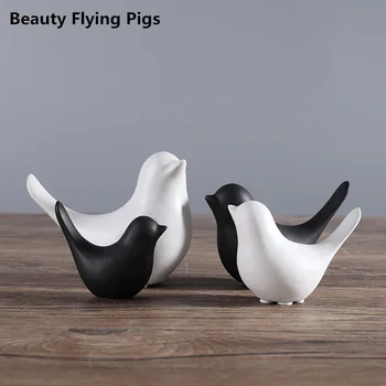 Roztomilý zvierat keramické figúrky, biely a čierny vták obrázok sochy ručne vyrábané ozdoby moderné dekoratívne remesiel domova