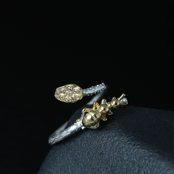 Roztomilý Zvierat Lotus Otvorenie Krúžku Reálne 925 Sterling Silver Ring Pre Ženy Vintage Nastaviteľné Svadobný Prsteň, Šperky Príslušenstvo YR67