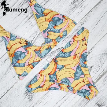 RUMENG Bikiny, Plavky Ženy Nízky Rez Banán Tlač Bikini Tropické Štýl Uvrhnúť Krku Banán Plavky Ženy plavky Biquni