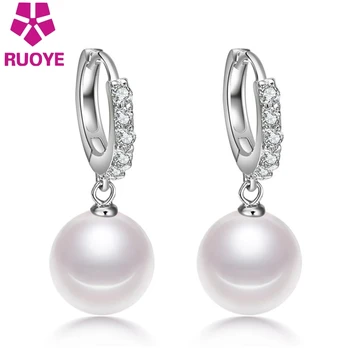 RUOYE Módne Ženy Visieť Náušnice 10 mm Simulované Perla Strieborné Luxusné Crystal Drop Náušnice Šperky Pre Ženy