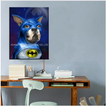 Ručne Maľované Boston Teriér Batman olejomaľba na Plátne Moderné Blue Pes Maľovanie na Obývacia Izba Domova Zvierat Obrázok