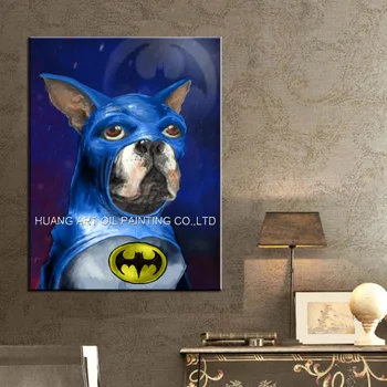 Ručne Maľované Boston Teriér Batman olejomaľba na Plátne Moderné Blue Pes Maľovanie na Obývacia Izba Domova Zvierat Obrázok