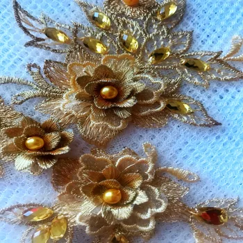 Ručne vyrobené žltá výbava čipky nášivka s krištáľovo perličiek kamienkami škvrny 18*14 cm pre šaty príslušenstvo