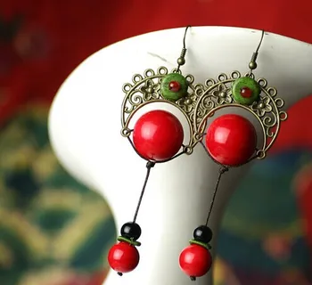 Ručné etnických šperky bronz drop visieť červené guľôčky náušníc svadobné doplnky, veľkoobchod/brincos/pendientes/bijoux atacado