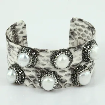 Ručné kúzlo had kožené putá veľký náramok elegantné sladkovodné perly s drahokamu ženy náramok náramok pre šperky hľadanie