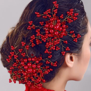 Ručné Čínske Svadobné Doplnky Do Vlasov Biele Červené Nevesta Headdress Svadobné Pearl Vlasy Bočné Hrebene S Viniča Pre Ženy Šperky