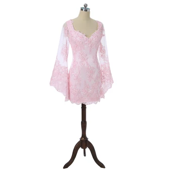 Ružová 2018 Elegantné Koktejlové Šaty Plášť tvaru Dlhé Rukávy Krátke Mini Appliques Čipky Backless návrat domov Šaty