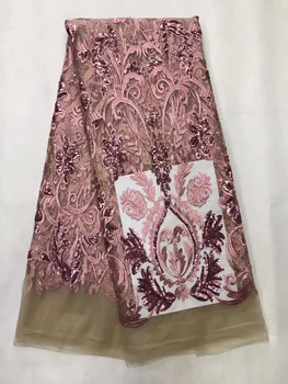 Ružová Farba Dubaj francúzskej Čipky a Tylu Textílie s Sequin Kvalitné 5 Metrov Lesklé Ôk siete Materiálu, Čipky na Šaty Odev