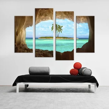 Rám HD Vytlačené Moderné Plátno Obývacia Izba Obrázky 4 Panel Kokosové Palmy Ostrov Maľovanie na Stenu Umenie Modulárny Plagát Domova