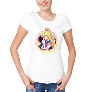 Sailor Moon Letné Tričko Krátky Rukáv Bežné pohodlné dámske tričko Oroduj za nás, Čaj Harajuku T Tričko