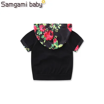 SAMGAMI DIEŤA 2 ks Novorodenca Dieťa, Chlapec, Dievča Oblečenie, Letných kvetov Vytlačené Čierne Krátke Rukávy s Kapucňou T-tričko+Krátke Nohavice