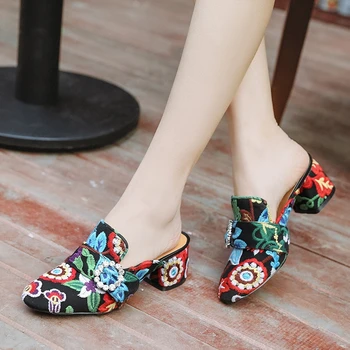 Sandále žien vysoko kvalitné ručné čínsky vyšívané papuče leta 2017 nové hrubé podpätky lady tkaných topánky žena veľká veľkosť 10