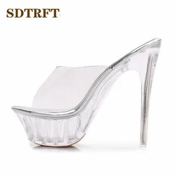 SDTRFT flip flops PLUS:35-43 Lete Crystal Platformu 14 cm Tenké Vysoké Podpätky Módne Stiletto Sandále Transparentné Topánky Žena čerpadlá