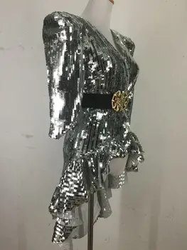 Sequin kombinézu kabát dlhý Európskej módy spevák DJ DS kostým pokrčiť sequined fáze tanečník výkon hviezdy sexy nočný klub