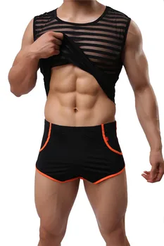Sexy Muži T-Shirt Šifón Oka Transparentné Muž Sexy Fitness Kulturistika Pruhy Topy & Tees Gay Bez Rukávov Tielka Naprostej