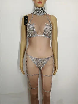 Sexy Trikot Remienky Žena spevák nočný klub pole tanec fáze kostým Iskrivý Crystal Bikini jumpsuit slim výkon oblečenie