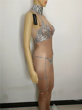 Sexy Trikot Remienky Žena spevák nočný klub pole tanec fáze kostým Iskrivý Crystal Bikini jumpsuit slim výkon oblečenie